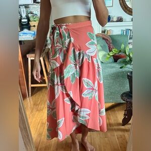 Anthropologie Wrap Maxi Skirt — Coral Tropical Leaf Print